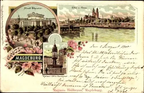 Litho Magdeburg in Sachsen Anhalt, Stadttheater, Elbe mit Dom, Denkmal