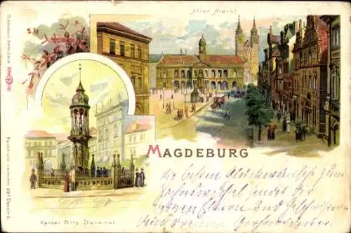 Litho Magdeburg in Sachsen Anhalt, Alter Markt, Kaiser Otto Denkmal