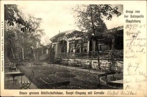 Ak Magdeburg an der Elbe, Salzquelle, Gesellschaftshaus, Haupteingang mit Terrasse