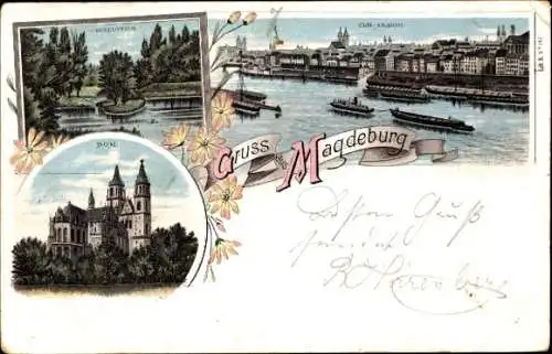 Litho Magdeburg in Sachsen Anhalt, Dom, Elbansicht, Inselteich