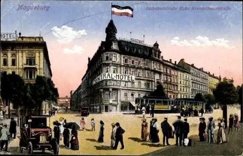 Ak Magdeburg an der Elbe, Bahnhofstraße Ecke Kronprinzenstraße, Central-Hotel