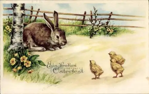 Künstler Ak Glückwunsch Ostern, Osterhase mit Küken, Amag 3346