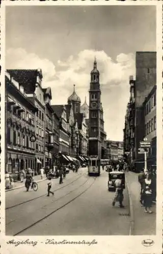 Ak Augsburg in Schwaben, Karolinenstraße, Straßenbahn, Passanten, Kirchturm