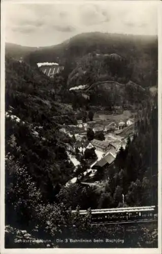 Ak Triberg im Schwarzwald, Gasthaus Bachjörg, Die 3 Bahnlinien