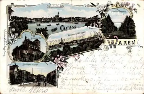 Litho Waren an der Müritz, Georgenkirche, Güstrower Straße, Blick auf Tiefwaren