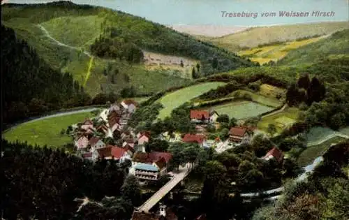 Ak Treseburg Thale Harz, Blick vom Weißen Hirsch zum Ort im Tal