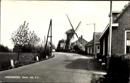 Ak Abbenbroek Südholland, Straßenpartie, Windmühle