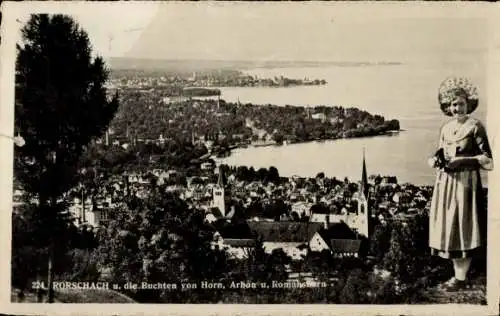 Ak Rorschach Kt. St. Gallen Schweiz, Buchten von Horn, Arbon u. Romanshorn, Frau in Tracht