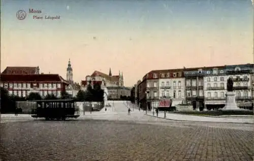 Ak Mons Wallonie Hennegau, Place Leopold, Straßenbahn