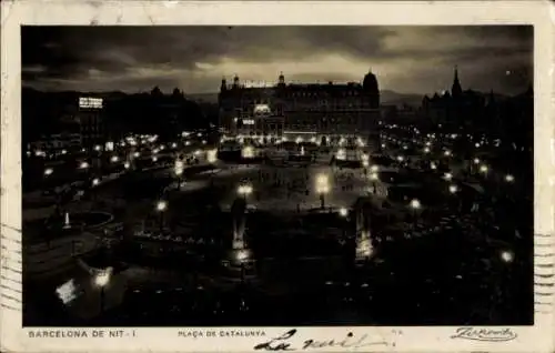 Ak Barcelona Katalonien Spanien, Plaza de Catalunya de Nit