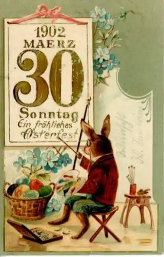 Präge Litho Glückwunsch Ostern, Osterhase als Maler, Ostereier, Kalender