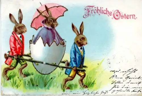 Glitzer Litho Glückwunsch Ostern, Osterhasen, Eierschale, Sänfte