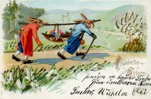 Glitzer Litho Glückwunsch Ostern, Osterhasen, Ostereier, Schneeglocken