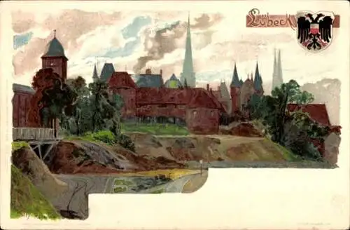 Künstler Litho Kley, Heinrich, Lübeck in Schleswig Holstein, Panorama der Stadt, Wappen