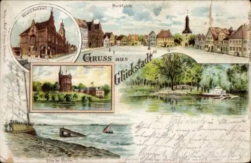 Litho Glückstadt an der Elbe, Marktplatz, Postamt, Wasserturm