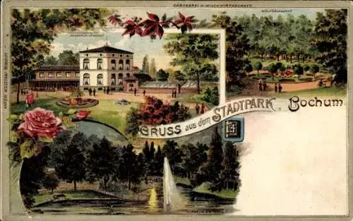 Litho Bochum im Ruhrgebiet, Stadtpark, Milchkur Anstalt, Wolfsschlucht, Teich