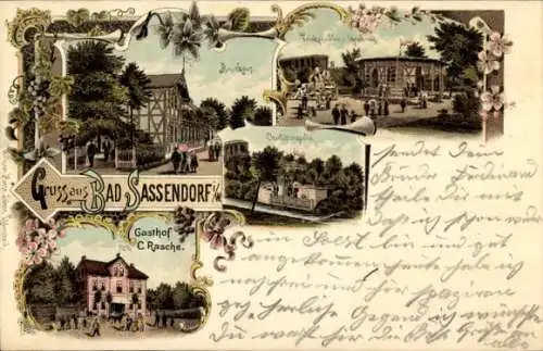 Litho Bad Sassendorf im Kreis Soest, Stadtansichten, Badehaus, Trinkpavillon, Charlottenquelle