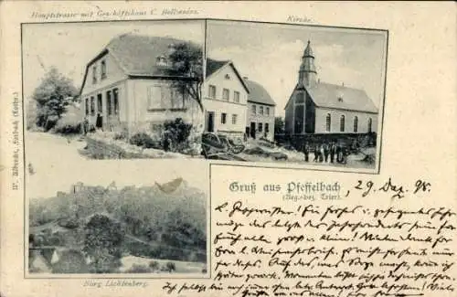 Ak Pfeffelbach Kusel in der Pfalz, Burg Lichtenberg, Kirche Hauptstraße, Geschäftshaus C Bollzenius