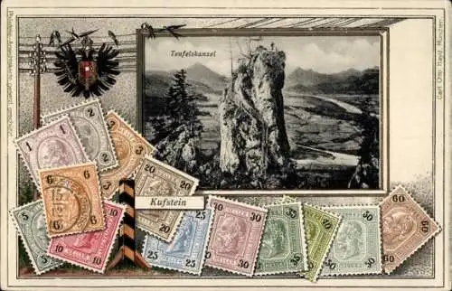 Briefmarken Passepartout Ak Kirchdorf in Tirol, Teufelskanzel bei Kufstein, Wappen