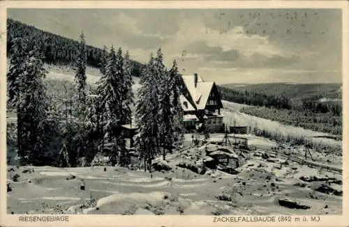 Ak Szklarska Poręba Schreiberhau Riesengebirge Schlesien, Zackelklamm, Zackelfallbaude, Schnee