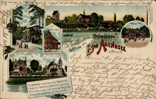 Litho Arendsee Altmark, Kurhaus, Klosterkirche, Ville Reip, Schule, Deepe Deel