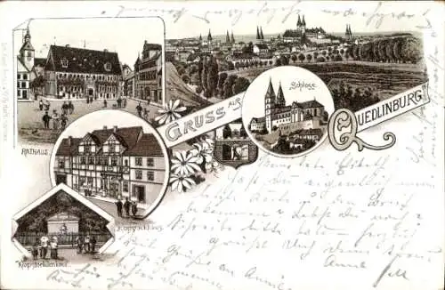 Litho Quedlinburg im Harz, Gesamtansicht, Rathaus, Schloss, Klopstockhaus, Klopstockdenkmal