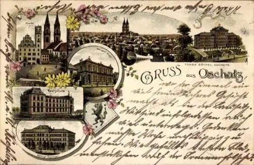 Litho Oschatz in Sachsen, Panorama, Kirche, Markt, Realschule, Seminar