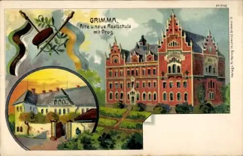 Litho Grimma in Sachsen, Alte und neue Realschule mit Progymnasium, Nr. 2158