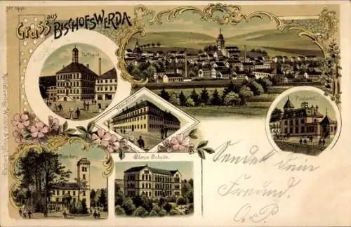 Litho Bischofswerda im Kreis Bautzen, Rathaus, Schule, Butterberg, Postamt