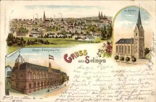 Litho Solingen im Bergischen Land, Hauptpost, evangelische Kirche, Gesamtansicht