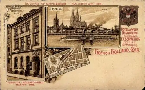 Stadtplan Wappen Litho Köln am Rhein, Hotel Hof von Holland, Hofergasse 11