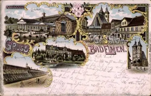 Litho Groß Salze Bad Elmen Salzelmen Schönebeck an der Elbe, Schwanenteich, Lindenbad, Gradierwerk