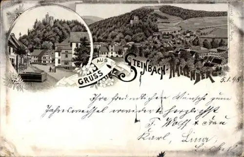 Litho Steinbach Hallenberg im Thüringer Wald, Straßenpartie, Panorama der Stadt