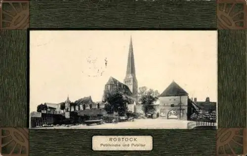 Passepartout Ak Hansestadt Rostock, Petrikirche und Petritor