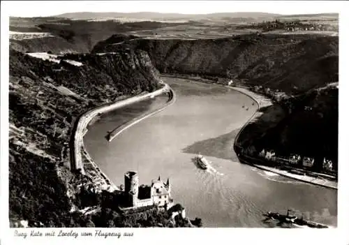 Ak St. Goarshausen am Rhein, Burg Katz, Loreley, Fliegeraufnahme