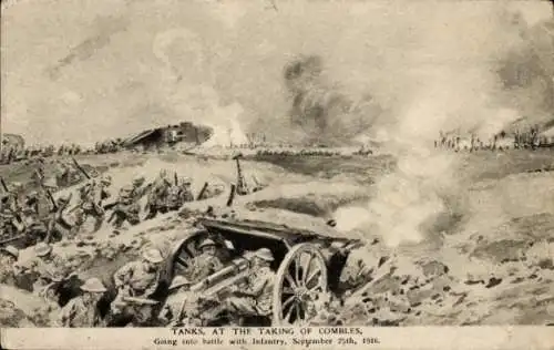 Ak-Panzer bei der Einnahme von Combles, im Kampf mit der Infanterie, 1916