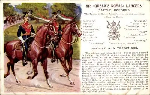 Künstler Ak 9th Queen Royal Lancers, Battle Honours