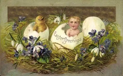 Präge Ak Glückwunsch Ostern, Kind und Küken schlüpfen aus, Nest, Blumen