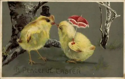 Präge Ak Glückwunsch Ostern, Liebespaar, Küken, Kuss