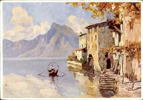 Künstler Ak Maurus, Hans, Gandria Lago di Lugano Kanton Tessin, Ruderpartie, Häuser