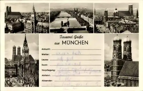 Ak München, Teilansichten, Frauenkirche, Isar, Rathaus