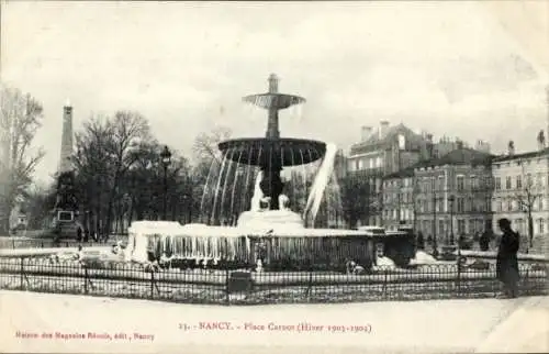 Ak Nancy Meurthe et Moselle, Place Carnot, Springbrunnen, Winter