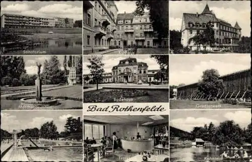 Ak Bad Rothenfelde am Teutoburger Wald, Kurhaus, Sanatorium, Gradierwerk, Märchenbrunnen, Kahnteich