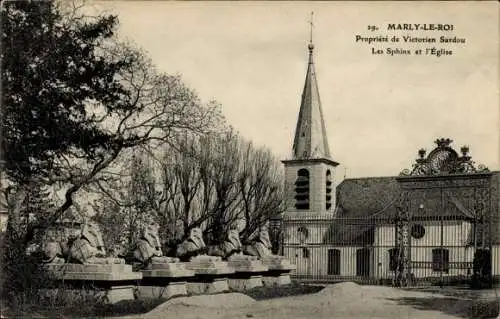 Ak Marly le Roi Yvelines, Propriete de Victorien Sardou, Les Sphinx, Kirche