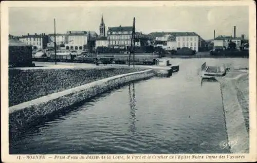 Ak Roanne Loire, Prise d'eau du Bassin de la Loire, le Port et le Clocher de l'Eglise Notre Dame