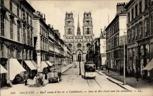 Ak Orléans Loiret, Rue Jeanne d'Arc, Kathedrale, Straßenbahn, Geschäfte