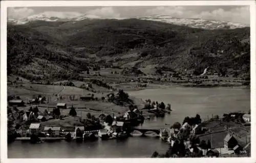 Ak Norheimsund Norwegen, Blick auf den Ort am Hardangerfjord, Brücke, Häuser