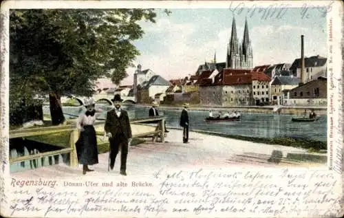 Ak Regensburg an der Donau Oberpfalz, Donau Ufer, Brücke, Türme