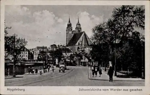 Ak Magdeburg an der Elbe, Johanniskirche vom Werder aus gesehen