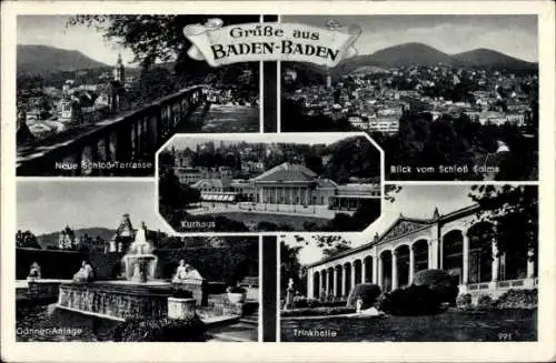 Ak Baden Baden am Schwarzwald, Schloss Terrasse, Blick vom Schloss Solms, Trinkhalle, Kurhaus